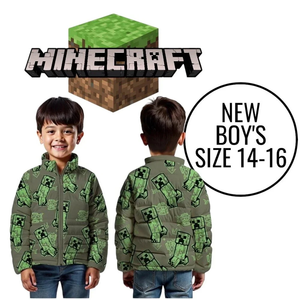 NEW Minecraft Boys Creeper Zip Puffer Jacket Lightweight Size 14 Zippered Size: